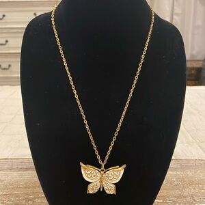 Vintage Gold Tone Beige Butterfly Long Pendant Statement Necklace Signed JJ